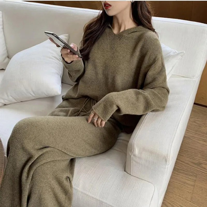 

2021 Autumn Casual Sweaters Tracksuit Womens Knitted Cashmere Two Piece Sets Women Hooded Sweatshirts Sporting Suit Female