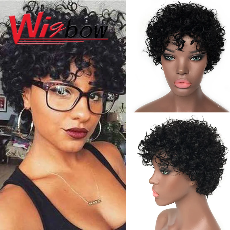 

Short Curly Human Hair Wig With Bangs Ombre Wigs Pixie Cut Full Machine Made Wig Brazilian Hair Colored Human Hair Wig P1B 30 27