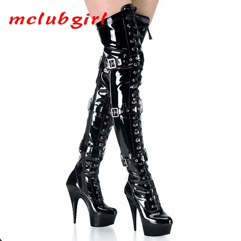 

Mclubgirl 15cm Heels Round Head Belt Buckle Knee High Thin Heel Nightclub Model Stage Pole Dance Performance Boots LYP