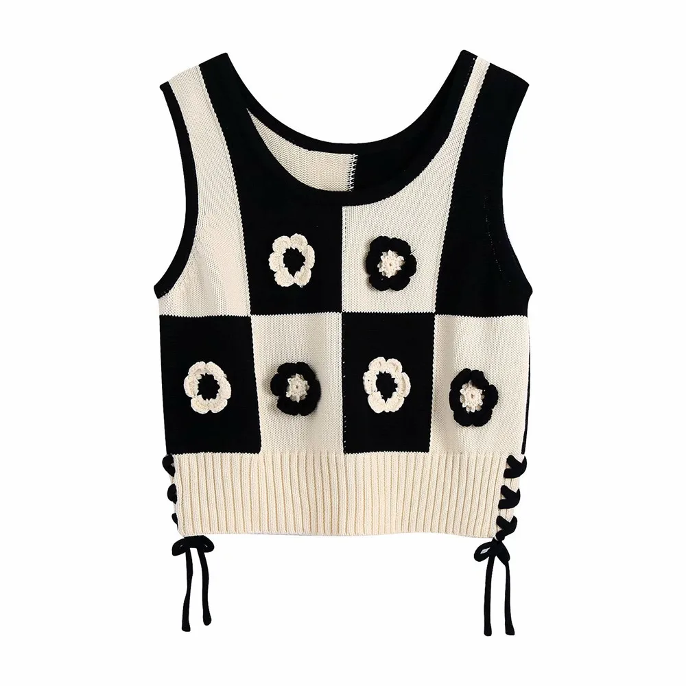 

Fashion Sweater Vest Knitted Embroidered Black White Contrast Lace Vest Round Neck Sleeveless Knitted Pullover Autumn Short Tops