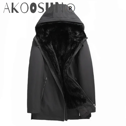 

AKOOSUN Winter Man Jacket Hooded Jackets for Men Clothing 100% Mink Fur Coat Mens Thick 5XL Parka Rabbit Fur Sleeves Veste XR819