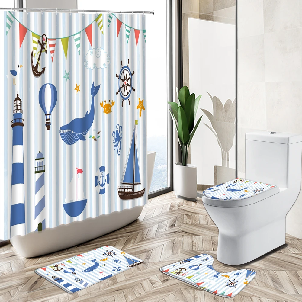 

Nautical Lighthouse Anchor Shower Curtain Set Cartoon Dolphin Marine Animal Non-Slip Rug Toilet Cover Bath Mat Bathroom Decor