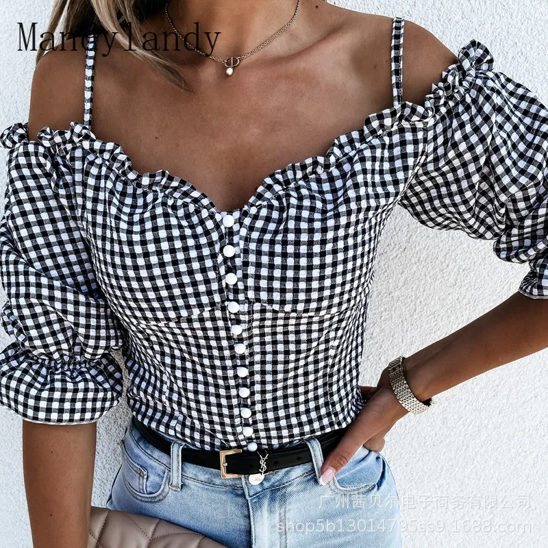

Mandylandy Shirt Summer V-neck Slash Neck Spaghetti Strap Half Flare Sleeve Shirt Women Single-Breasted Slim Plaid Printed Shirt