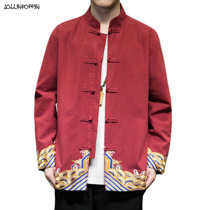 

Embroidery Pattern Chinese Style Men Mandarin Collar Cotton & Linen Casual Jacket Frog Closures Single Breasted Tang Jacket