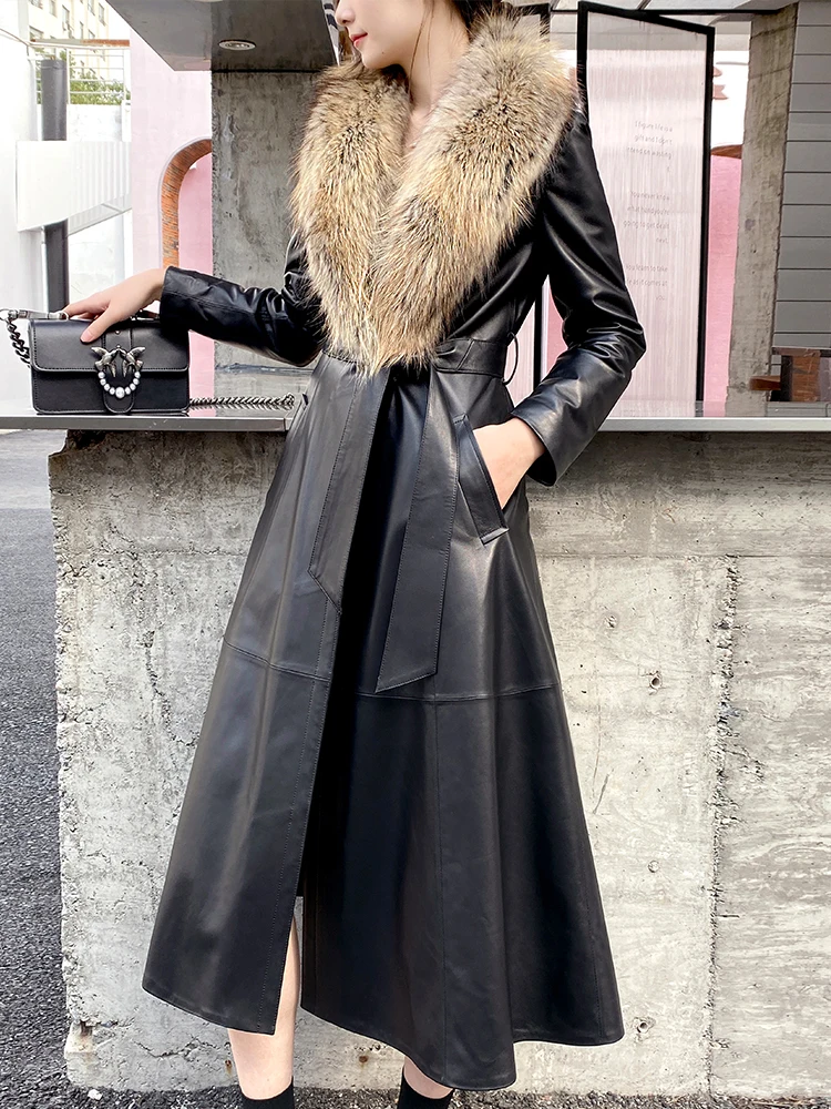 Женский длинный пуховик из 2021 натуральной кожи пальто овечьей с меховым