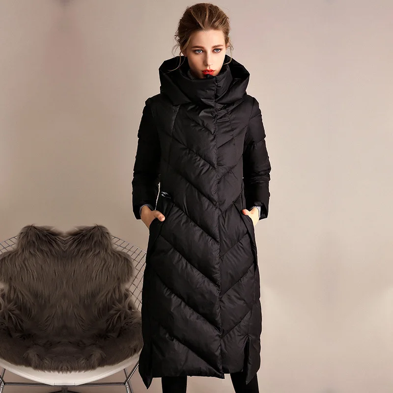 Solid 2021 Black New Trendy Thick Slim Detachable Hooded Nylon 90% white duck winter coat ankle-length women down coats