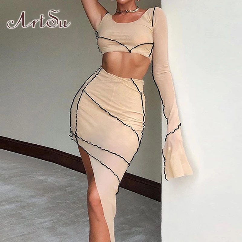 

ArtSu Mesh Crop Top and Skirt Sets Sexy Transparent Tracksuit Women One Shoulder Fashion Clubwear Suit Outfit Streetwear SU28017
