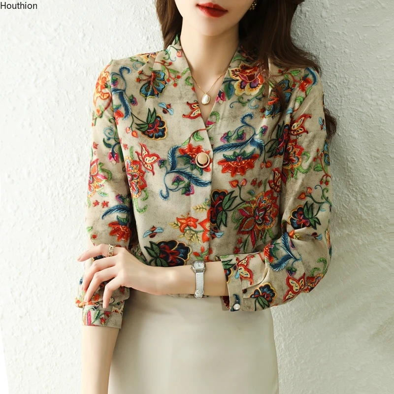 

Шифоновая женская блузка с принтом и V-образным вырезом, рубашка для девочек, летний модный топ с длинным рукавом, свободная одежда, повседне...