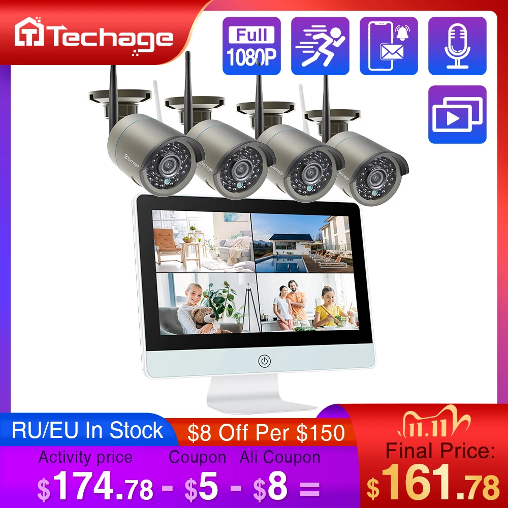 Беспроводная система видеонаблюдения Techage 8 каналов 1080P 12 дюймов ЖК дисплей NVR 2 МП