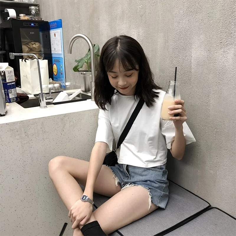 

Harajuku T-shirts for Women Back Zipper Hollow Design Short T Shirt White Top Ulzzang Short Sleeve Simple Korean Summer Tshirt