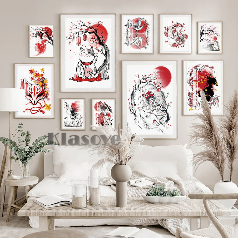 

Japanese Ink Drawing Landscape Exhibition Poster Bodhidharma Geisha Kimono Girl Carp Paper Crane Fortune Cat Prints Home Decor