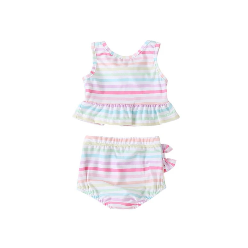 Летняя одежда для маленьких девочек плавания топы в полоску с цветными лямками и