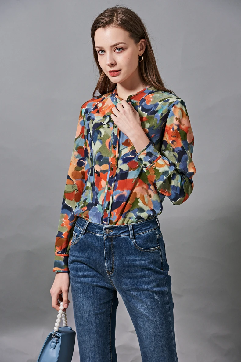 

100% Silk Women's Shirt Stand Collar Long Sleeves Floral Printed Fashion Piping Elegant Blouse Tops