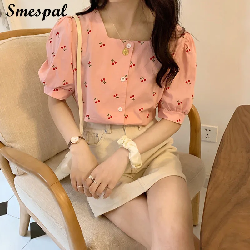 Women Vintage Cherry Pattern Puff Sleeve Tops Shirts | Женская одежда