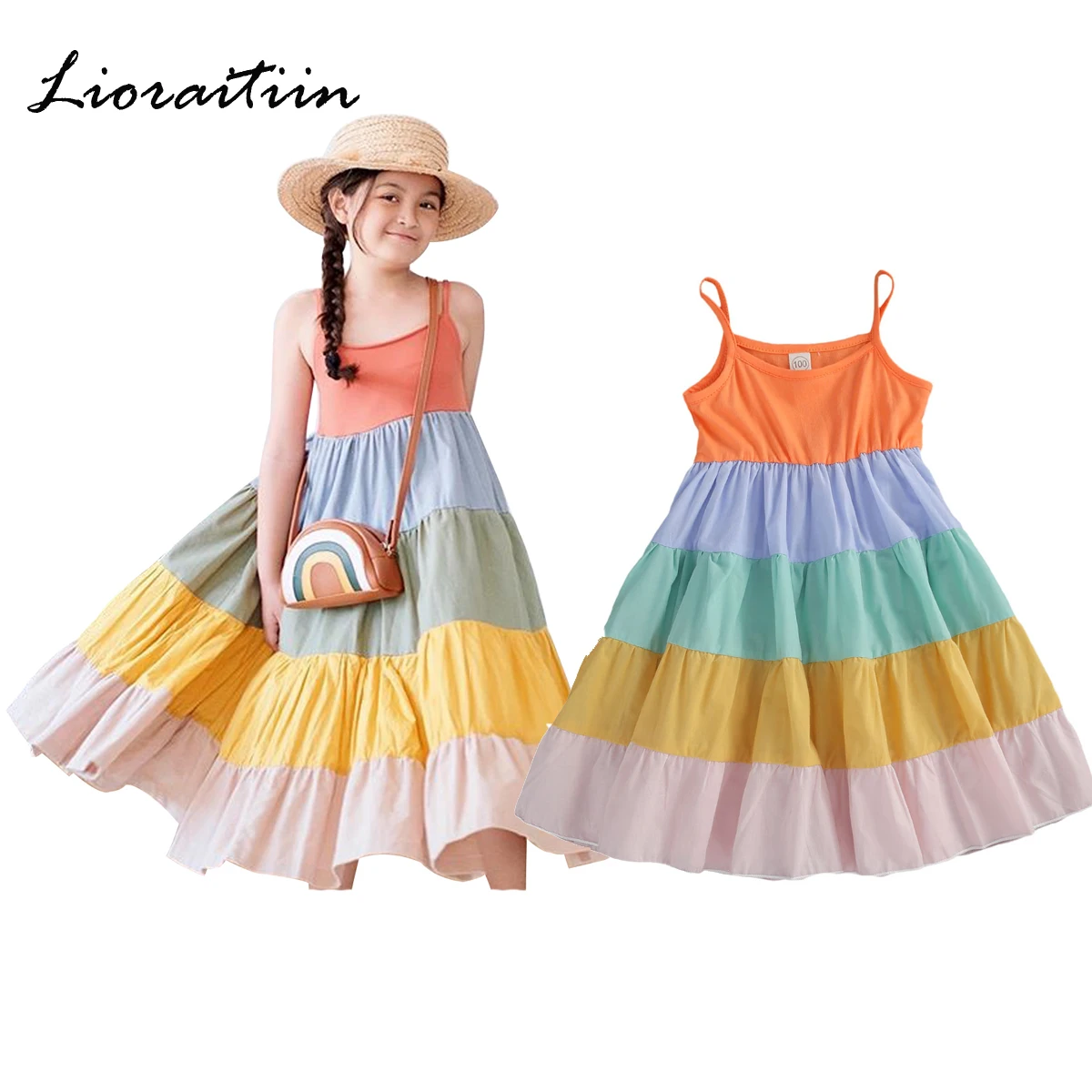 

Lioraitiin 2-7years Toddler Baby Girl Fashion Summer Dress Sleeveless Princess Dress Loose Fit Rainbow Color Patchwork Dress