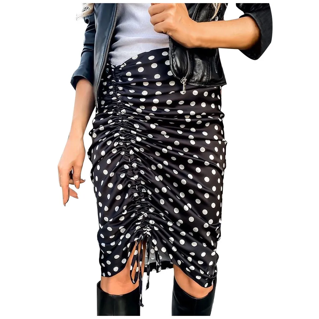 

SAGACE 2020 Fashion Polka Dot Sexy Drawstring Midi Short Skirt Womens Knee Length High Waist Sexy Female Casual Skirts