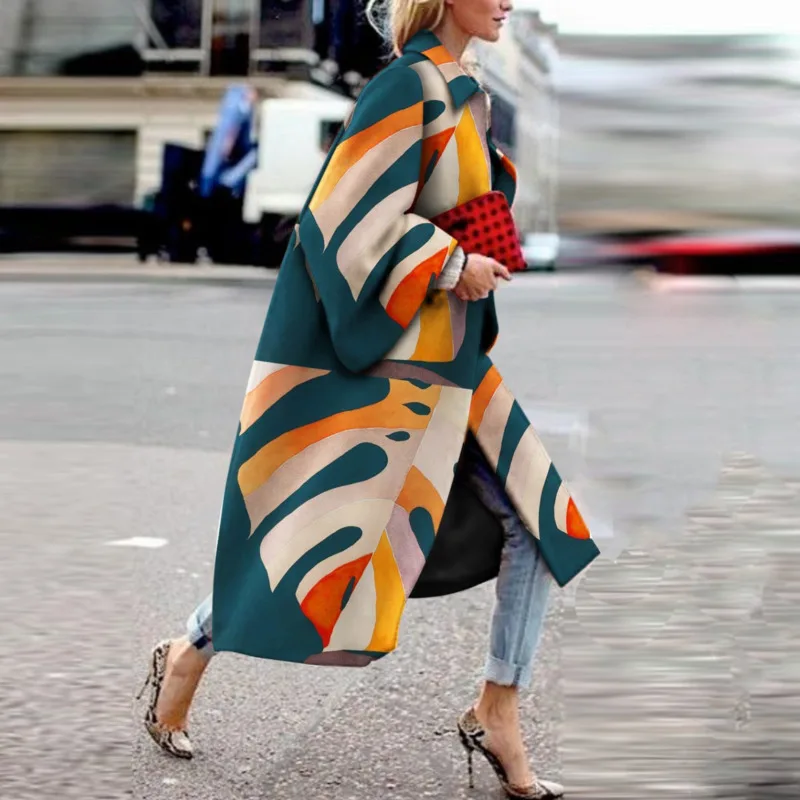 

2021 Autumn Winter Trench Coat Color Female Casual Long Cardigan CoatFor Women Fashion Geometric Print