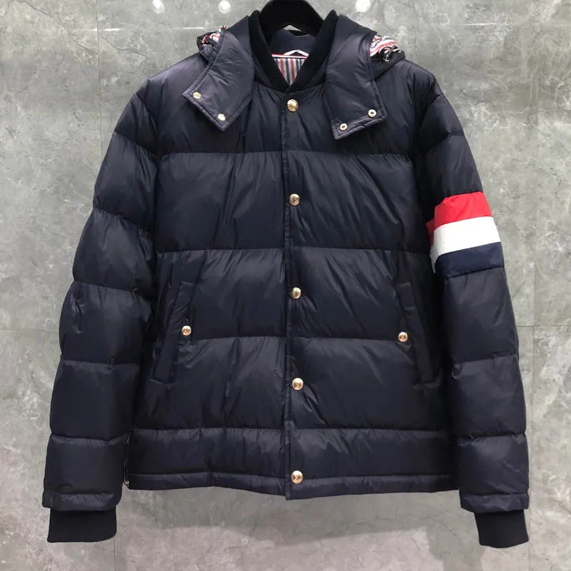 TB THOM Winter Men's Jacket Down Jacket Fashion Brand Navy Hoodies Coat Down-Filled Matte Nylon RWB Stripe Wholesale TB Jackets