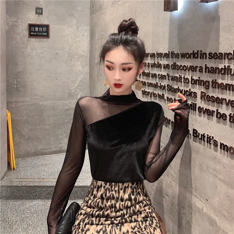 Модные женские сетчатые приталенные топы пикантная рубашка с длинным рукавом