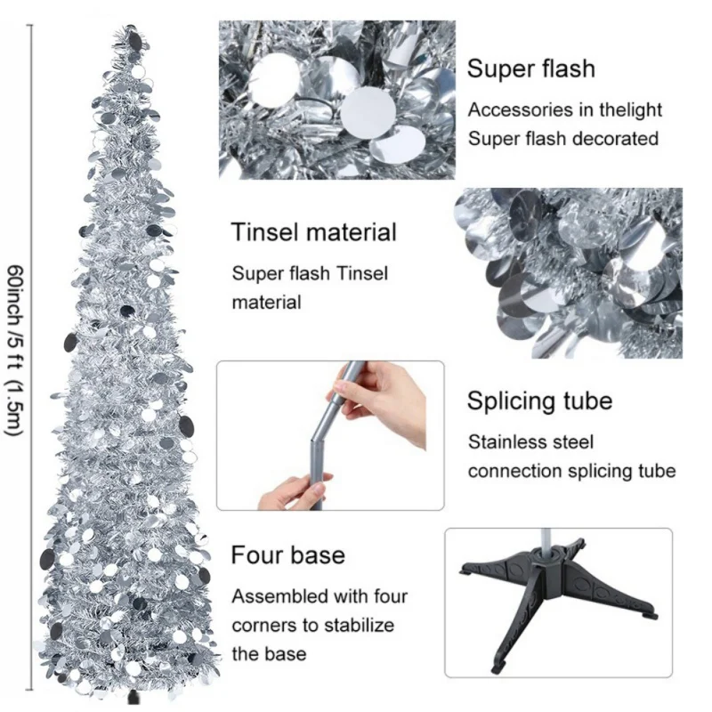 

5FT Christmas Tree Popup Collapsible Christmas Sequin Tinsel Foldable Artificial Christmas Tree With Stand Christmas Decor-