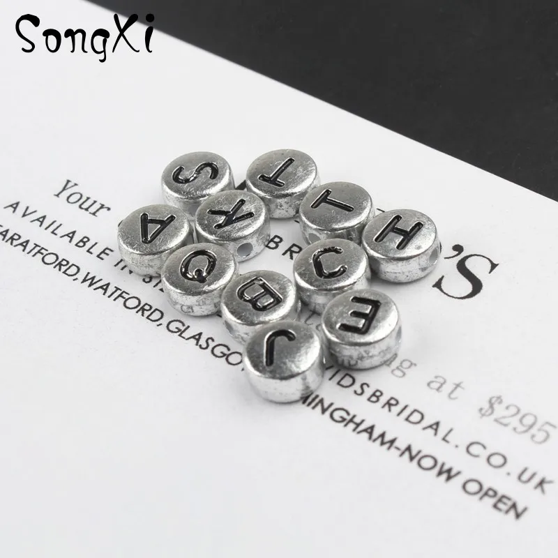 

100pcs 7mm Letter Beads Round Flat Alphabet Siver Acrylic Loose Spacer Beads for Jewelry Making Diy Bracelet Necklace Wholesale