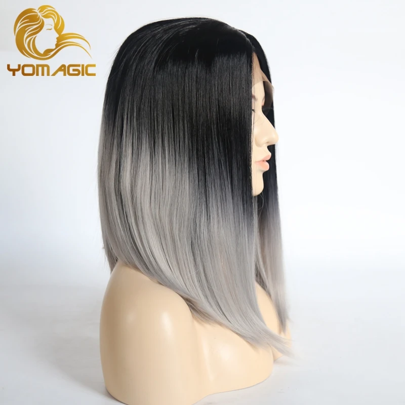 Женский короткий парик Yomagic Ombre серый с синтическим кружевом без клея натуральный