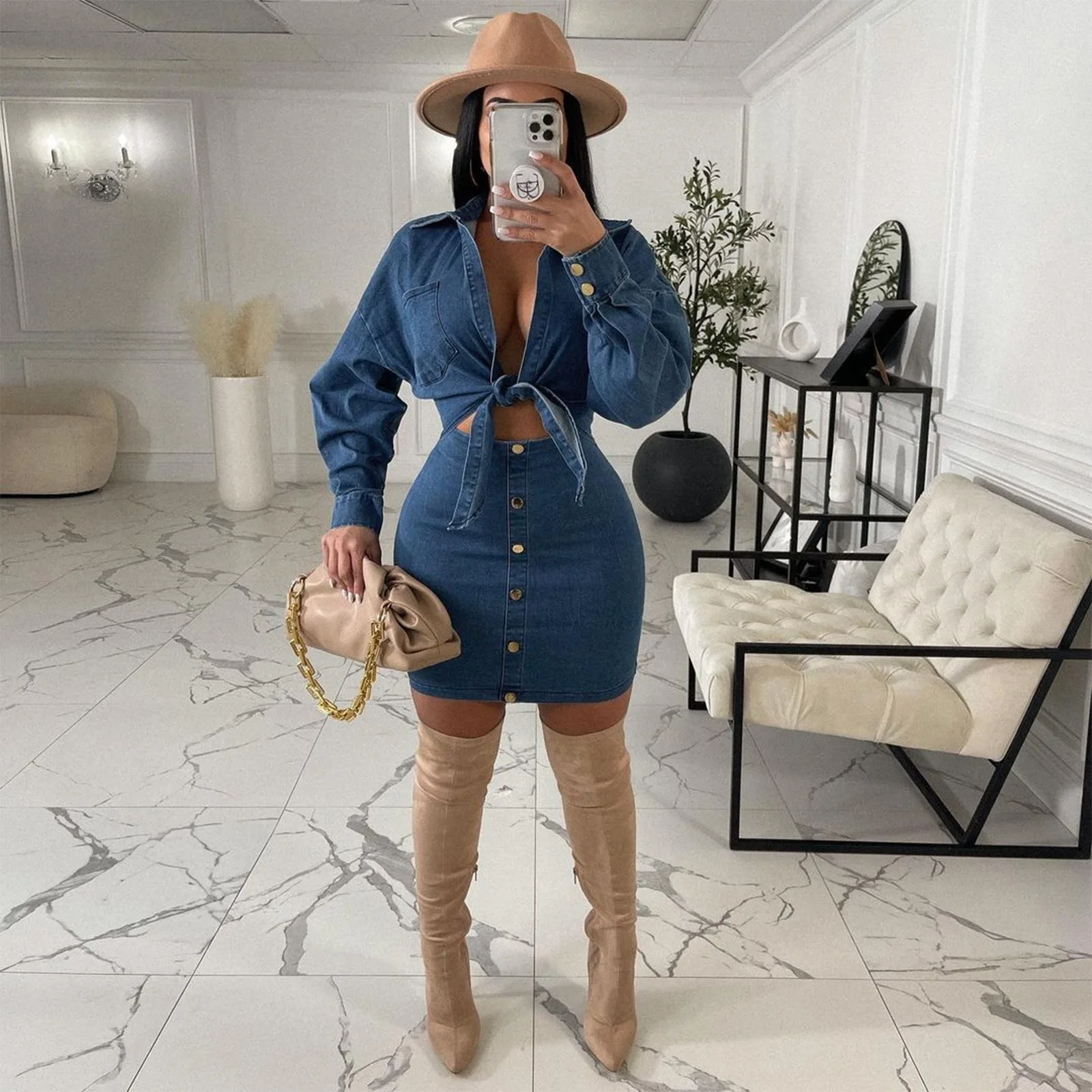 

SKMY Sexy Outfits For Woman Denim Blue Turn-Down Collar Bow Crop Top Button Mini Skirts Fashion Two Piece Sets Party Clubwear