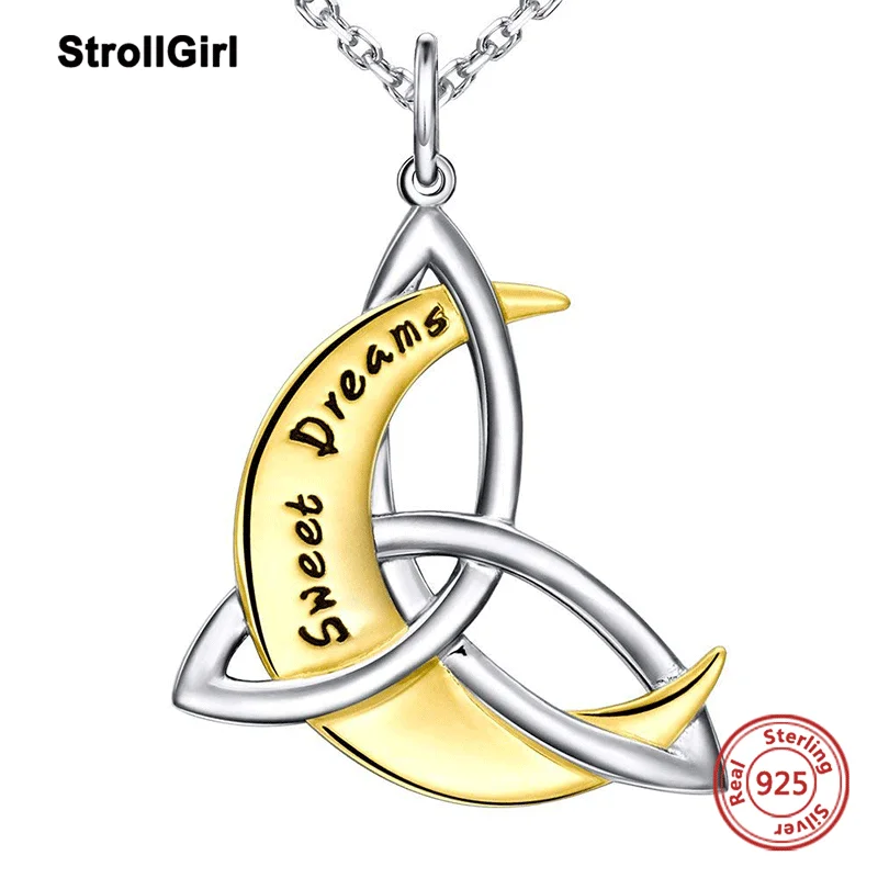 

925 Sterling Silver Moon 18K Gold Plated Necklace Crescent Moon & Irish Celtic Trinity Knot Pendant Chain For Women Fine Jewelry