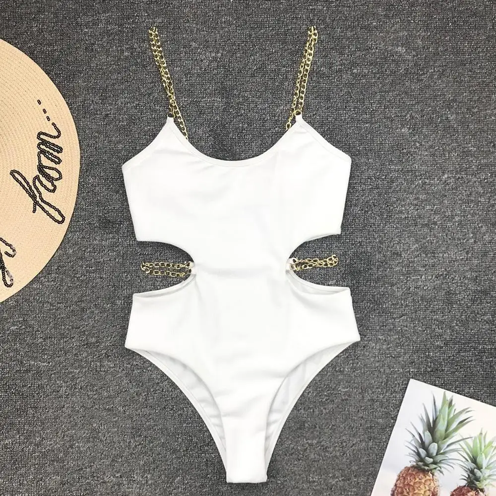 Новый купальник Chain2020 Женский цельный бикини пуш-ап однотонный Купальник для