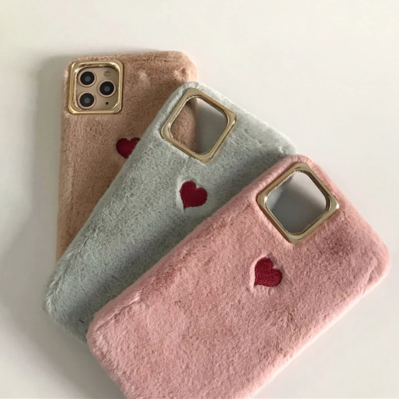 Теплый пушистый чехол для телефона iPhone 11 Pro Max XR X XS 7 8 6S Plus однотонный с сердечком