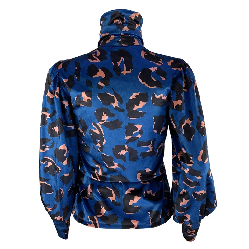 

Elegant Turtleneck Satin Silk Blouse Tops Women 2020 Sexy Leopard Print Lady Hollow Out Long Lantern Sleeve Shirt Blouses