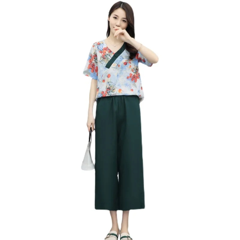 

2021 Summer Women 2Pcs Floral Blouse+Pants Office Lady Two Pieces Set Casual Loose Fashion Tops And Trousers Sets