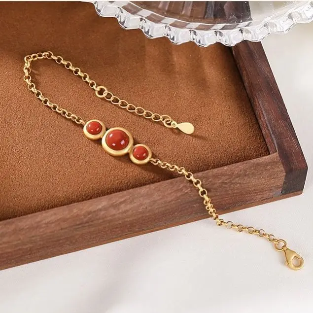 

Natural Hetian Jade Southern Red Agate S925 Sterling Silver Gold Retro Temperament Wild Women's Bracelet Bracelet Ornament Women