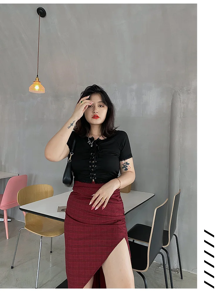 

European and American temperament split high waist sexy skirt Chinese style simple irregular hip plaid skirt