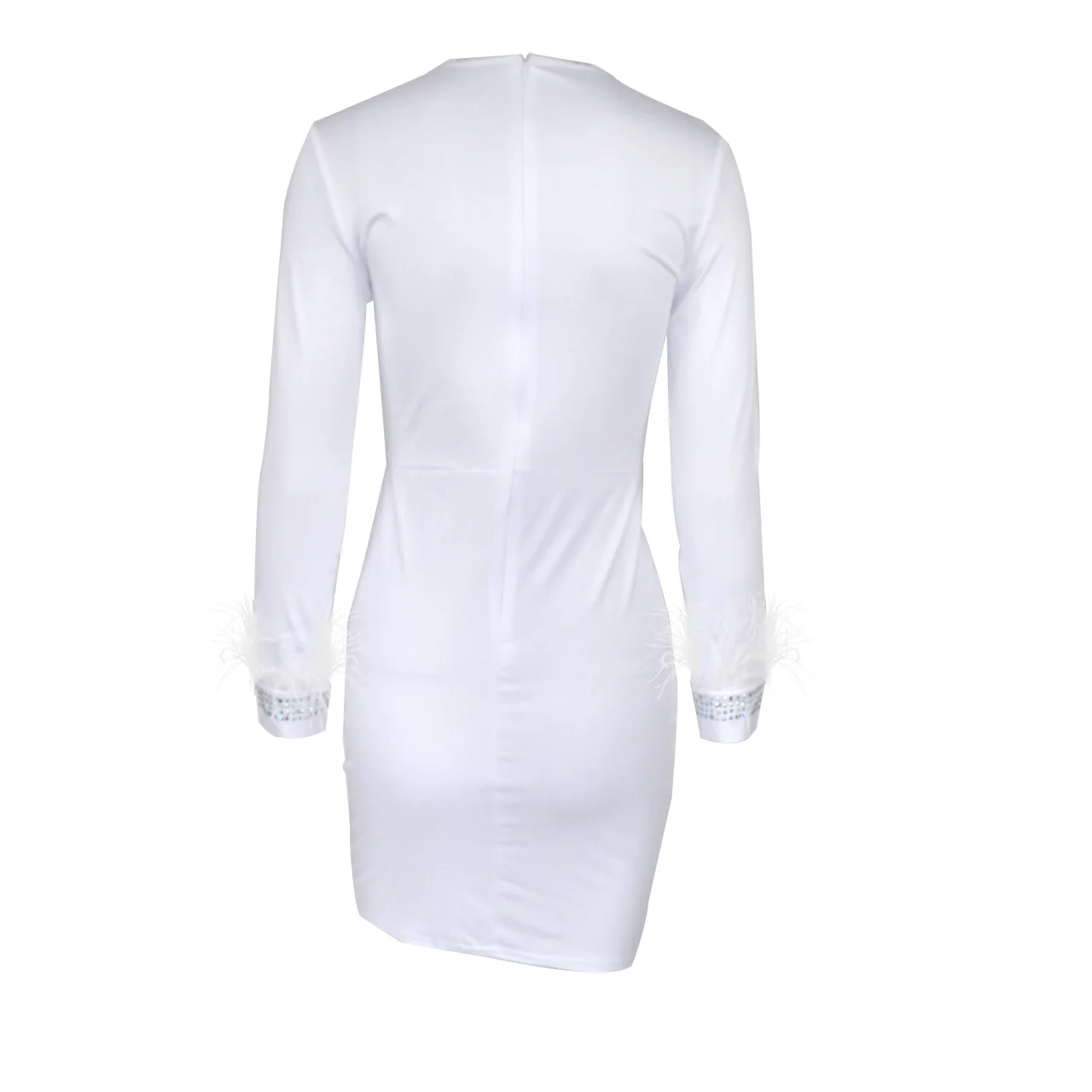 

Women's Popular New Mesh Hot Drill Stitching Feather Trim Sexy Winter White Elegant Long Sleeve Wrap Dress