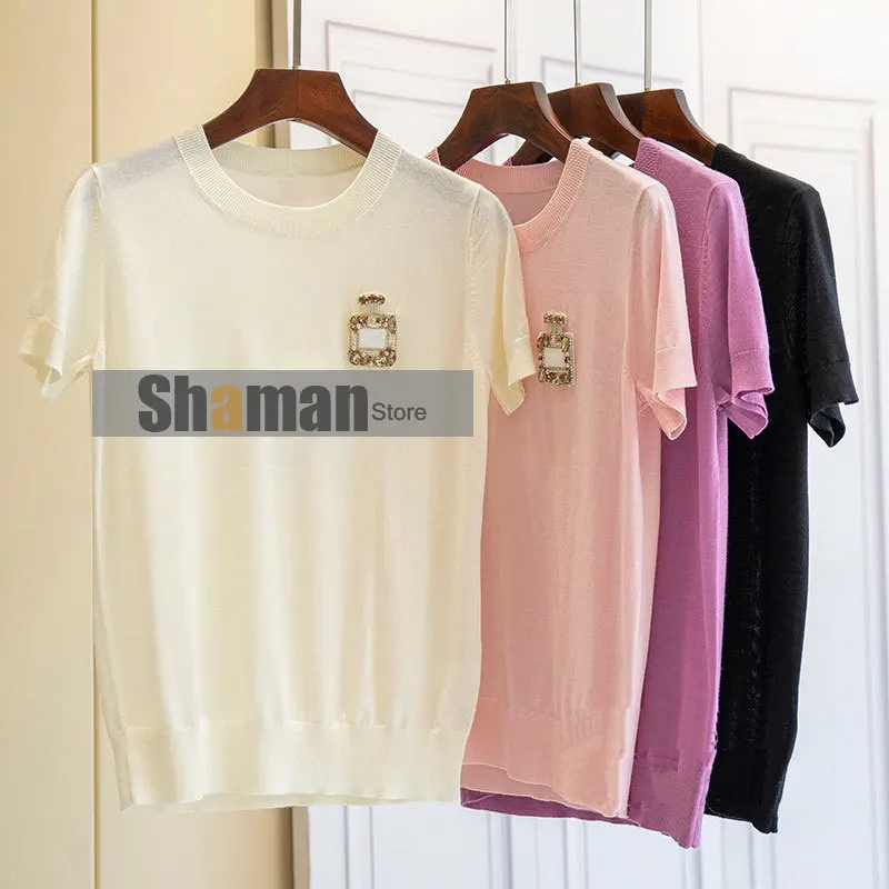 

21 Paris Designer Summer O Neck Short Sleeve Thin Viscose Fiber Wool blended Perfume bottle design knitted brand Women pullover