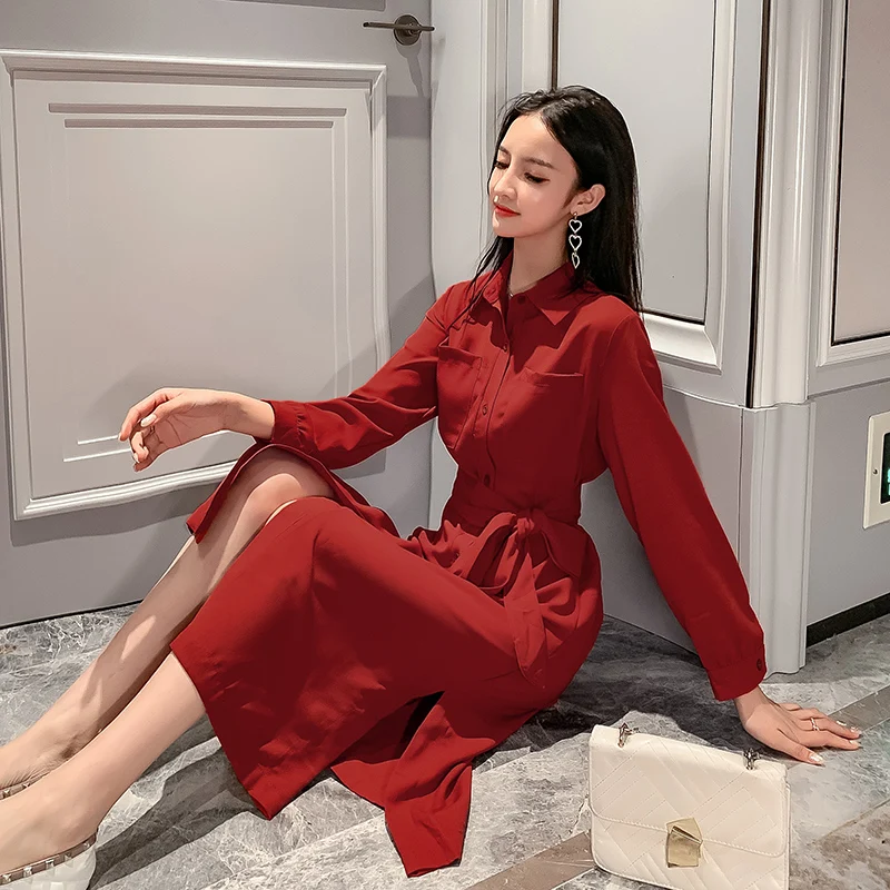 

New Women Girl Single Row Buttons Slim Waist Red French Style Long Shirt Dress Coat With Belt Plus Size