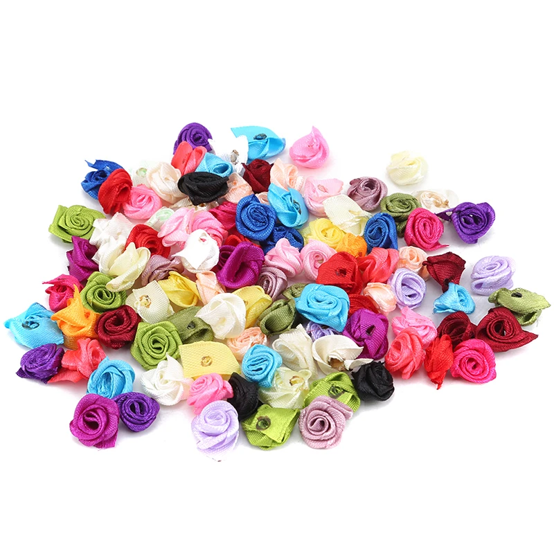 

100pcs 10mm Mix Color Small Rose Flower Mini Handmade Satin Ribbon Rose Head Wedding Scrapbooking Decoration Clothes Accessories