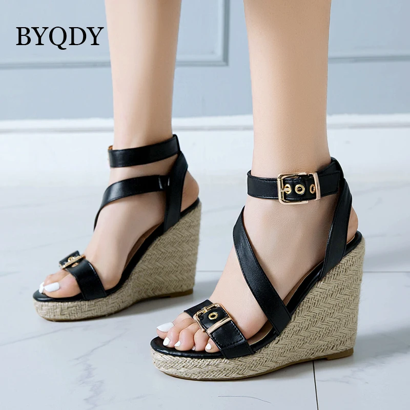 Женские босоножки на танкетке BYQDY платформе с открытым носком и металлической
