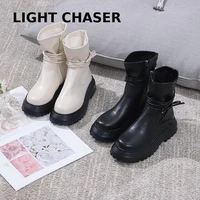 fashion black boots womens round head large size sponge cake short tube motorcycle boots thick soled lace up womens boots 43