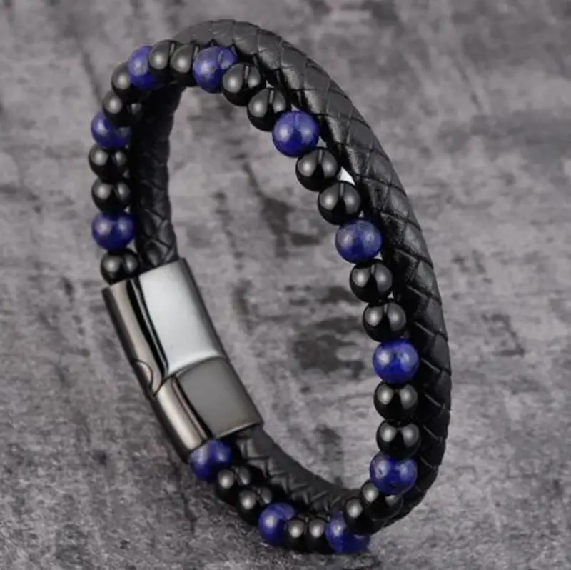 

Double Classic Black Magnetic Clasp Braided Leather Natural Stone Beads Bracelet for Men Trendy Bracelets