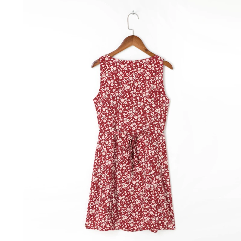 

Summer Women's Casual Flower Printed V-neck Bowknot Decorated Slim Sling Dress