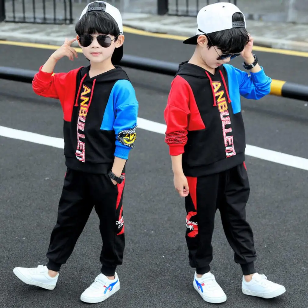 

2021 New Children's Clothing Spring Autumn Boys Clothes Hooded Coat Fashion Patchwork Jacket + Pants Baby Boy's 2 Pcs Sets