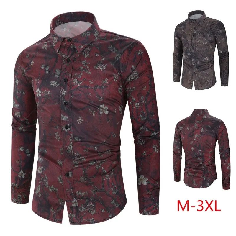 

Мужская одежда 2021 новые мужские рубашки с принтом мужской Slim Fit, на осень, с длинным рукавом, с цветочным принтом, рубашки с принтом Повседнев...