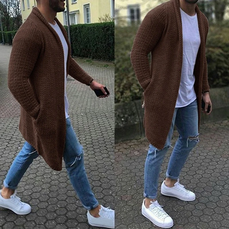 2021 новый мужской Slim Fit длинная куртка кардиган Кардиган повседневный однотонный