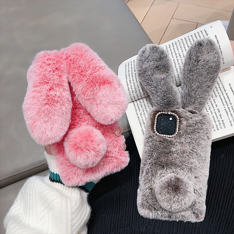 For iPhone 7 8 Xr phone case 3D Cute Rabbit Hairy Warm Fur Cover for 5S 6S Xs 12 11 Pro Max Bling Rhinestone Plush Bunny | Мобильные