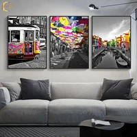 abstract colorful building bus umbrella canvas painting posters and prints wall art pictures for living room picture home decor