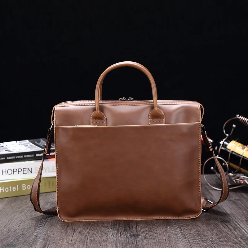 Crazy Horse PU Leather Briefcase for Women Men Laptop Bag 14 Inch Shoulder Handbag Documents A4 Storage Organizer of Female 2020