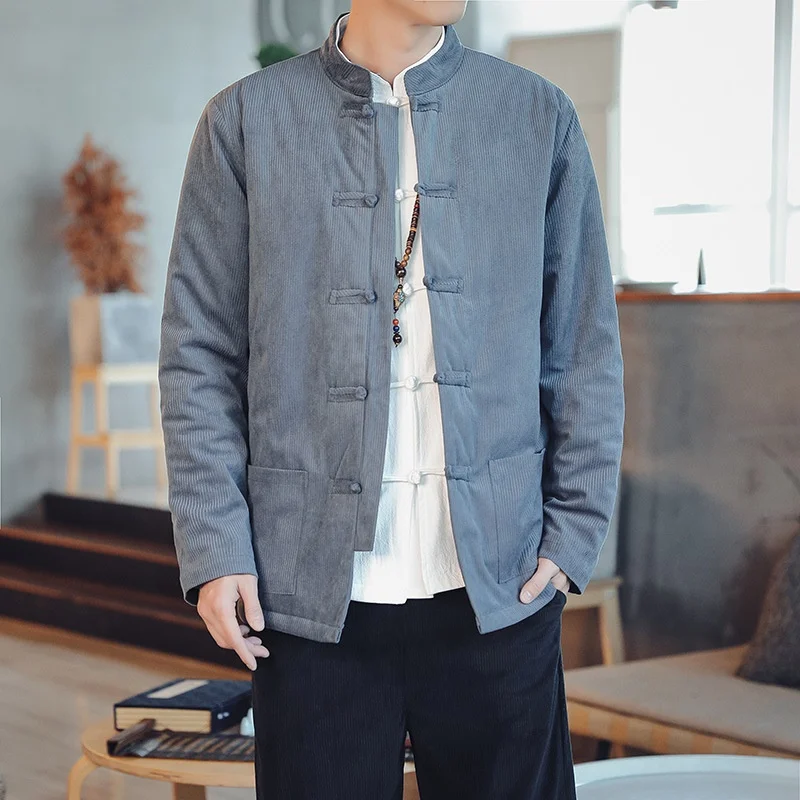 

Chinese Style Men'S Retro Cotton Padded Clothes Corduroy Coat Hanfu Tang Suit Mens Jacket Winter Traditional Chinese Tops KK3826