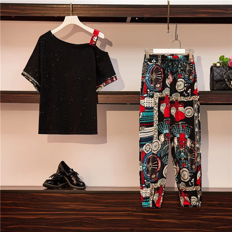 

Two Piece Set Summer Clothes For Women Dresy Damskie plus size Casual Wide Leg Pants Print T Shirt Suits Female cloth big 4XL